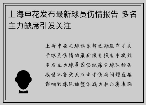 上海申花发布最新球员伤情报告 多名主力缺席引发关注