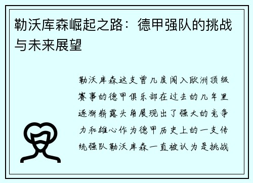 勒沃库森崛起之路：德甲强队的挑战与未来展望