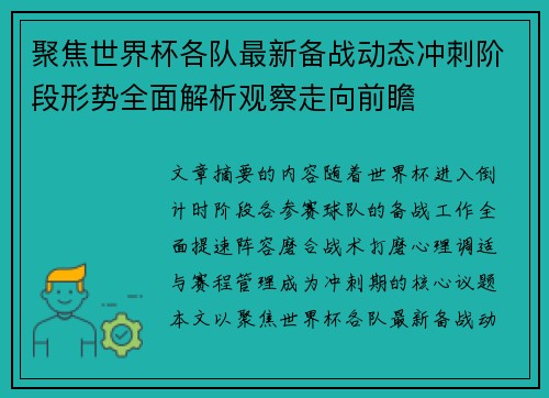 聚焦世界杯各队最新备战动态冲刺阶段形势全面解析观察走向前瞻